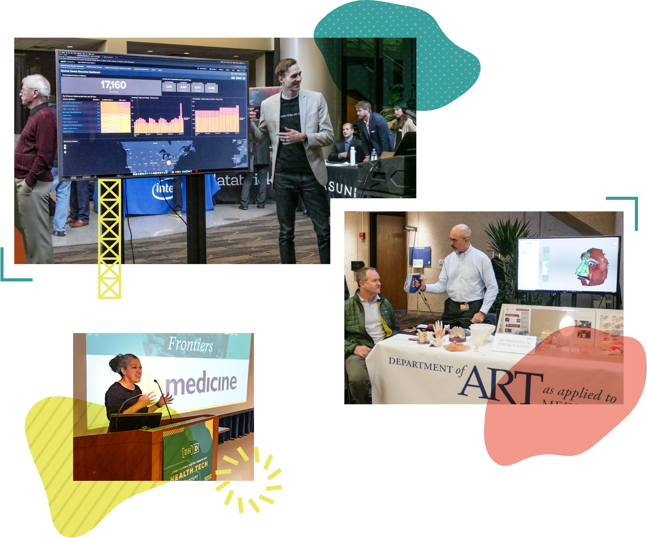 Collage of three photos. Man giving a demo on stage. Man giving demo at tabling event. Woman delivering a keynote.
